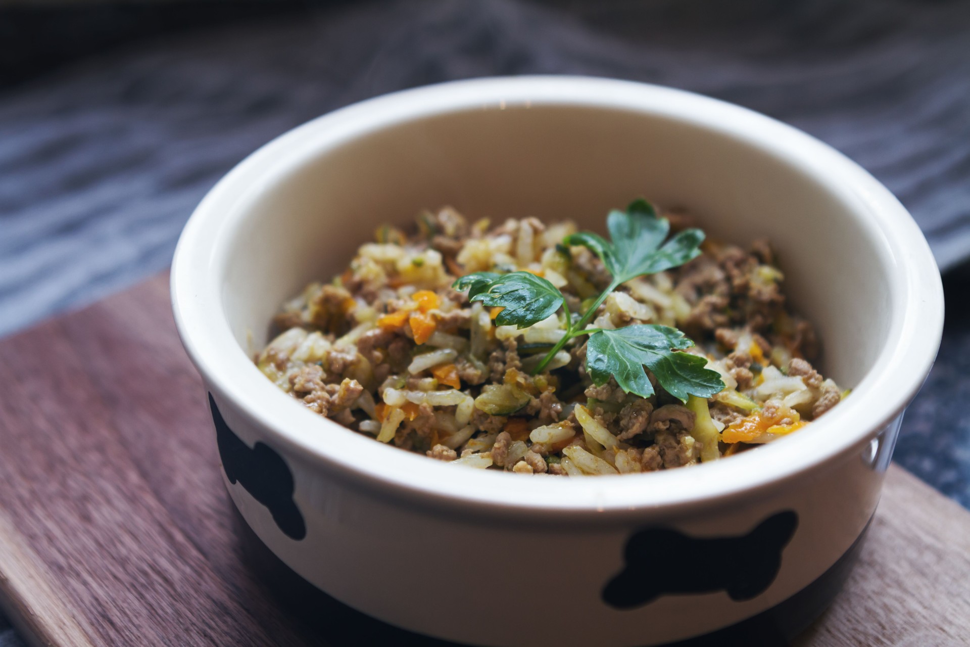 Home made pet dog or cat food mince meat and vegetables