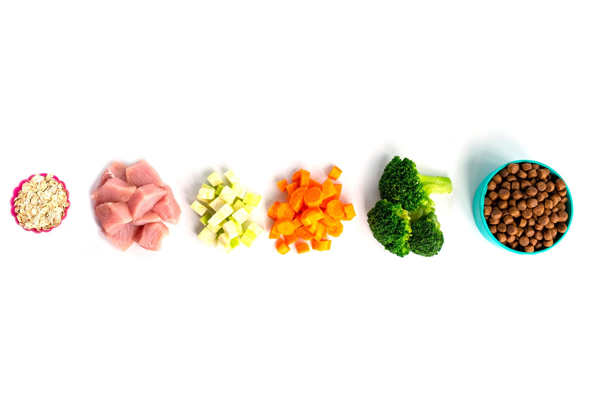 ingredients oat, meat, zucchini, broccoli, carrot for pet food natural on white background